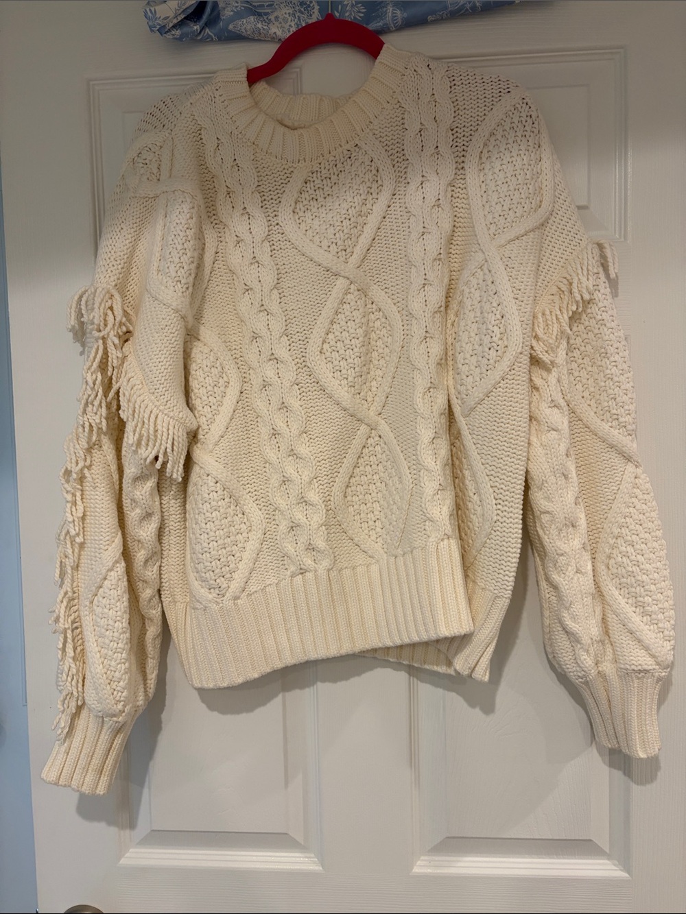 Line & Dot Ivory Cable Knit Fringe Crewneck Sweater